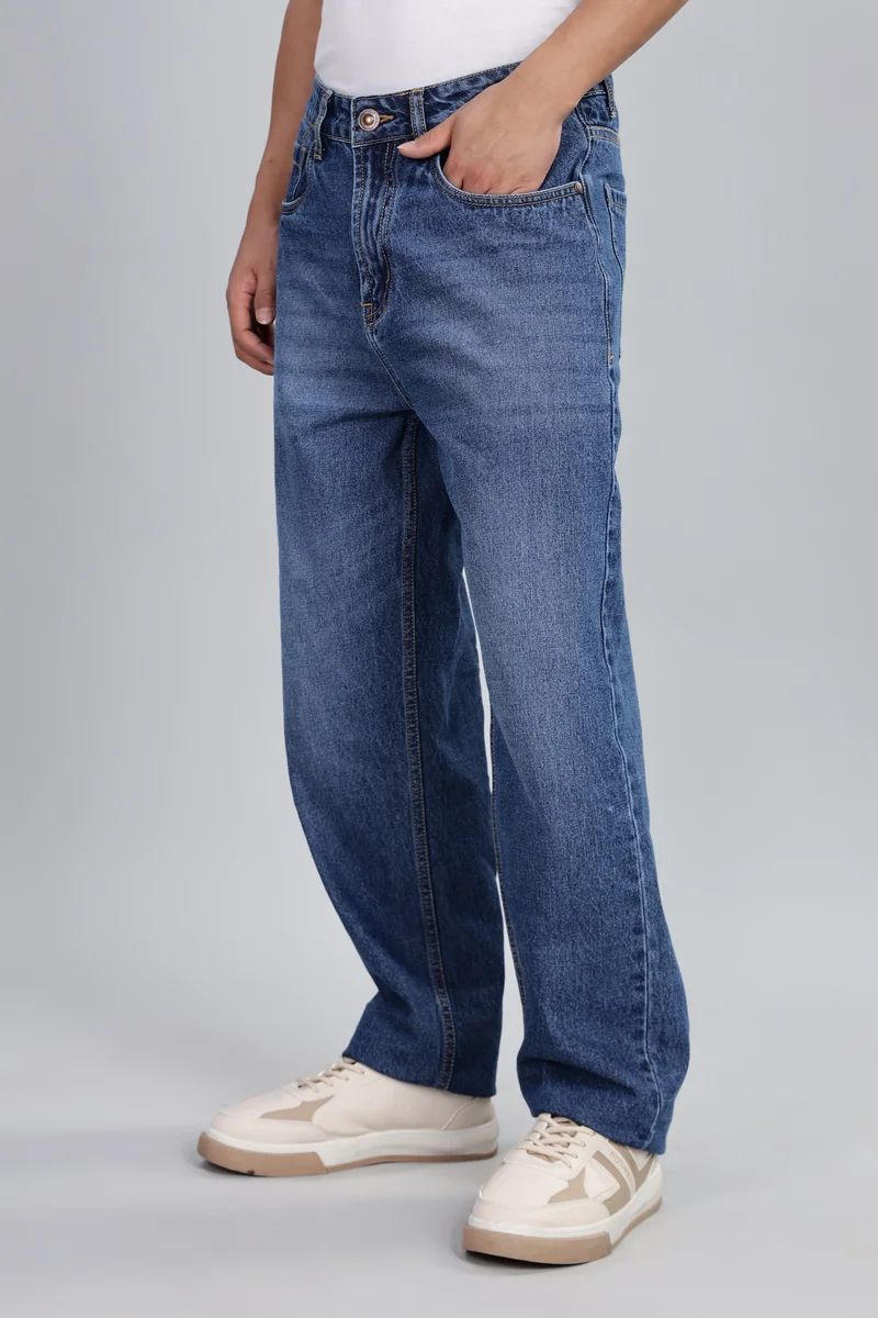 Inkd Marine Blue Men's Classic Relaxed Jeans – Mid-Rise | 100% Cotton | 5 Pocket Styling | Baggy Jeans for Man for Men | Best Price UAE